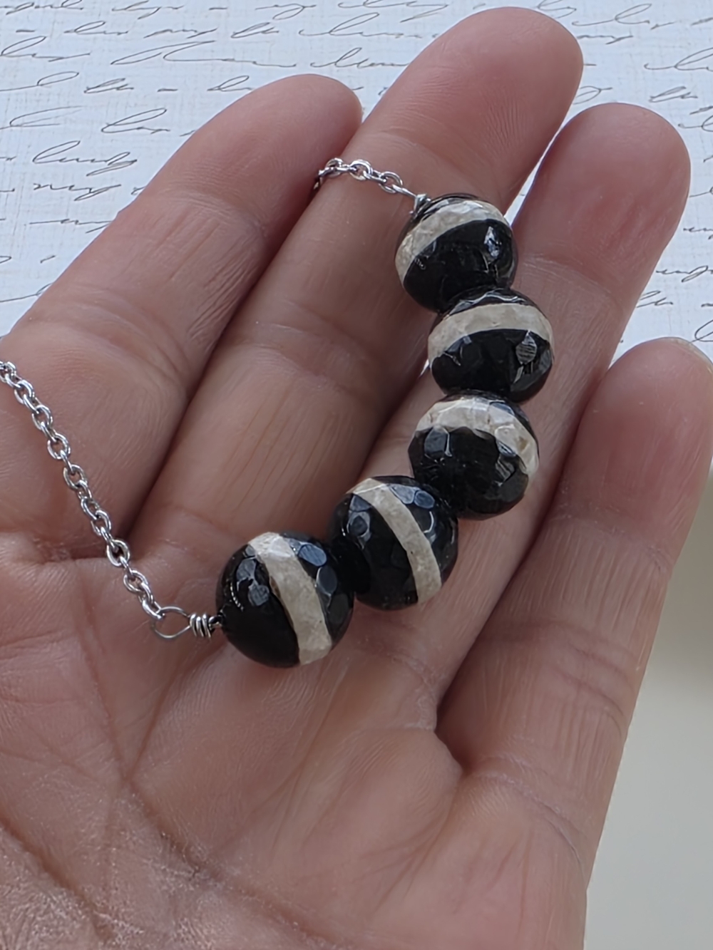 Handmade Black and Cream Agate Beaded Necklace